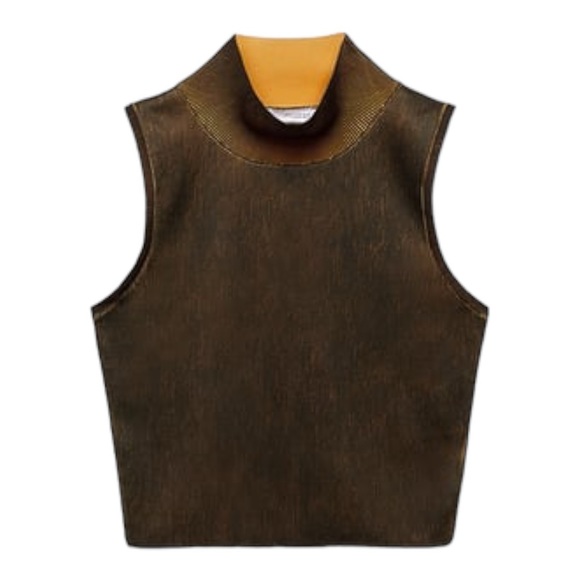 Zara Distressed Effect Knit Mock Neck Crop Top Black Orange Ribbed Sz Small - Picture 1 of 4